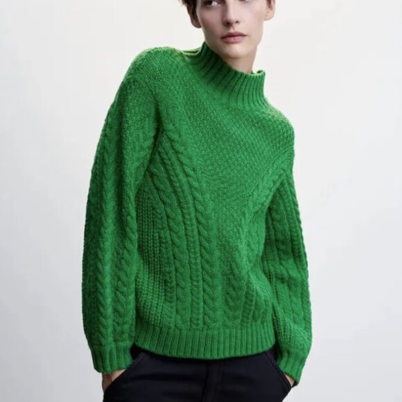 Mango Green Cable-Knit Mock Neck Sweater Size S - Picture 1 of 9